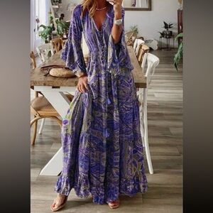 Bohemian Long Paisley Maxi Dress in Purple